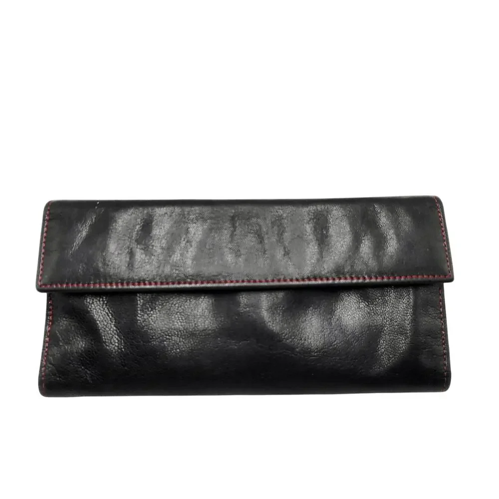 Vintage Tusk Black Red Genuine Leather Slim Trifold Snap Button Wallet Classic
